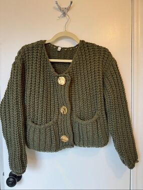 Olive Green Chunky Knit Button-Front Sweater
